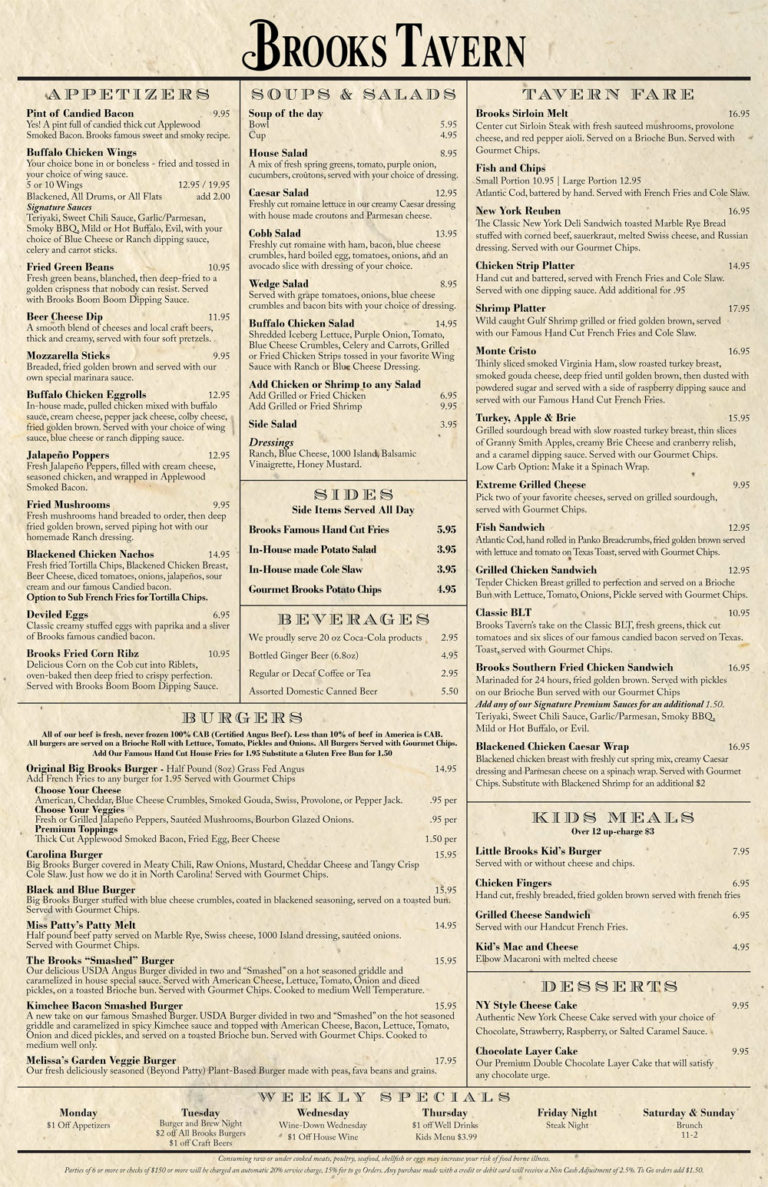 Brooks Tavern Menu Pg 1