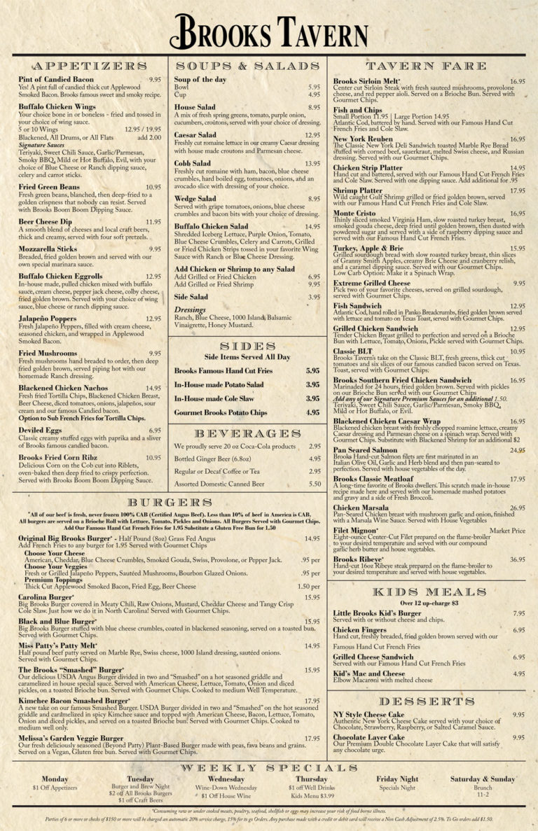 Brooks Tavern Tryon Menu